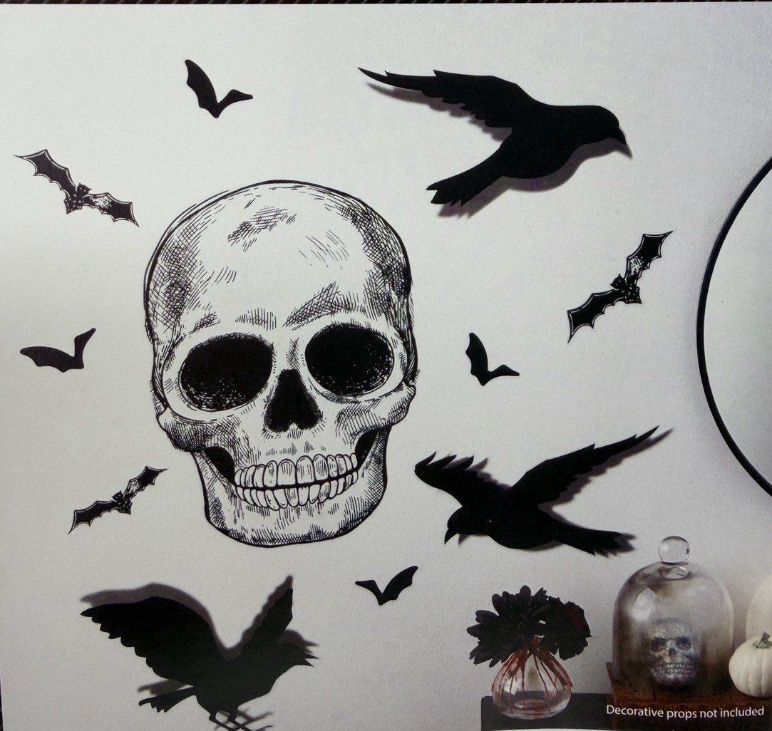 Halloween Skull Raven Bat Wall Art Decals Gothic Spooky Decor 39" x 13"