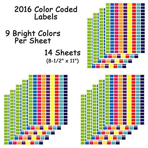 Color Coding Dot Label Stickers – 1/2" x 3/4" Rectangles, 9 Bright Colors, 2016