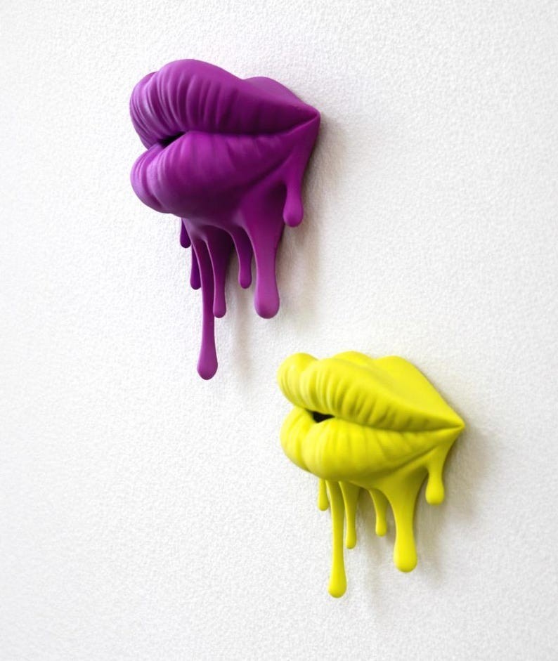 3D Effect Pop Art Lips Wall Decal, Purple & Yellow Dripping Lips Wall Decor