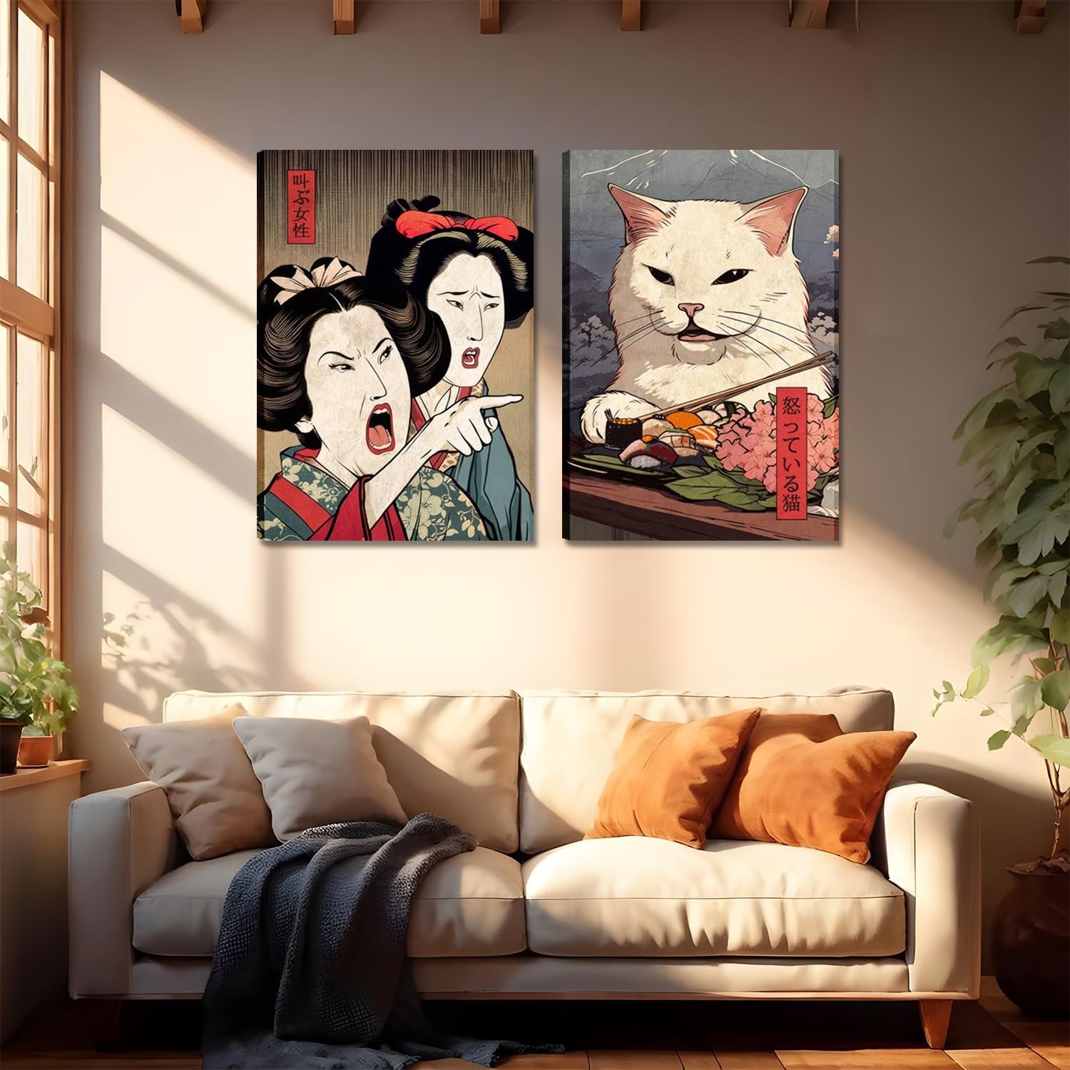 Funny Anime Posters Japanese Decor Set of 2 – Woman Yelling at Cat Canvas Wal…