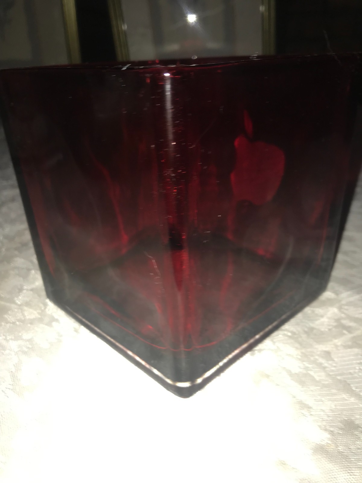APPLE Inc. WHITE Iconic LOGO Red HEAVY Glass VASE Planter BOWL 4¾" SQUARE Cube