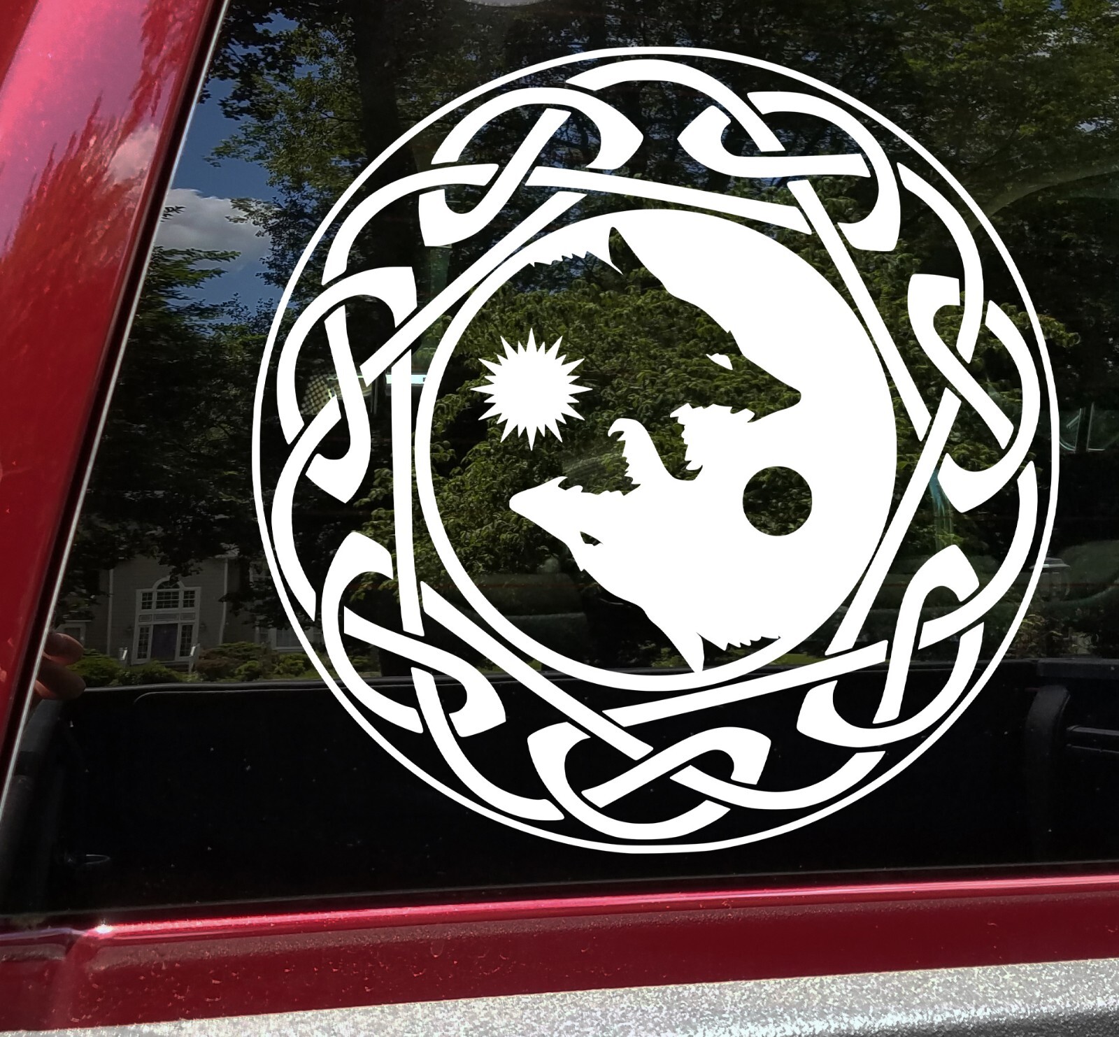 Celtic Knot Circle with Fenrir Skoll Rune Vinyl Decal | Viking Wolf Knotwork