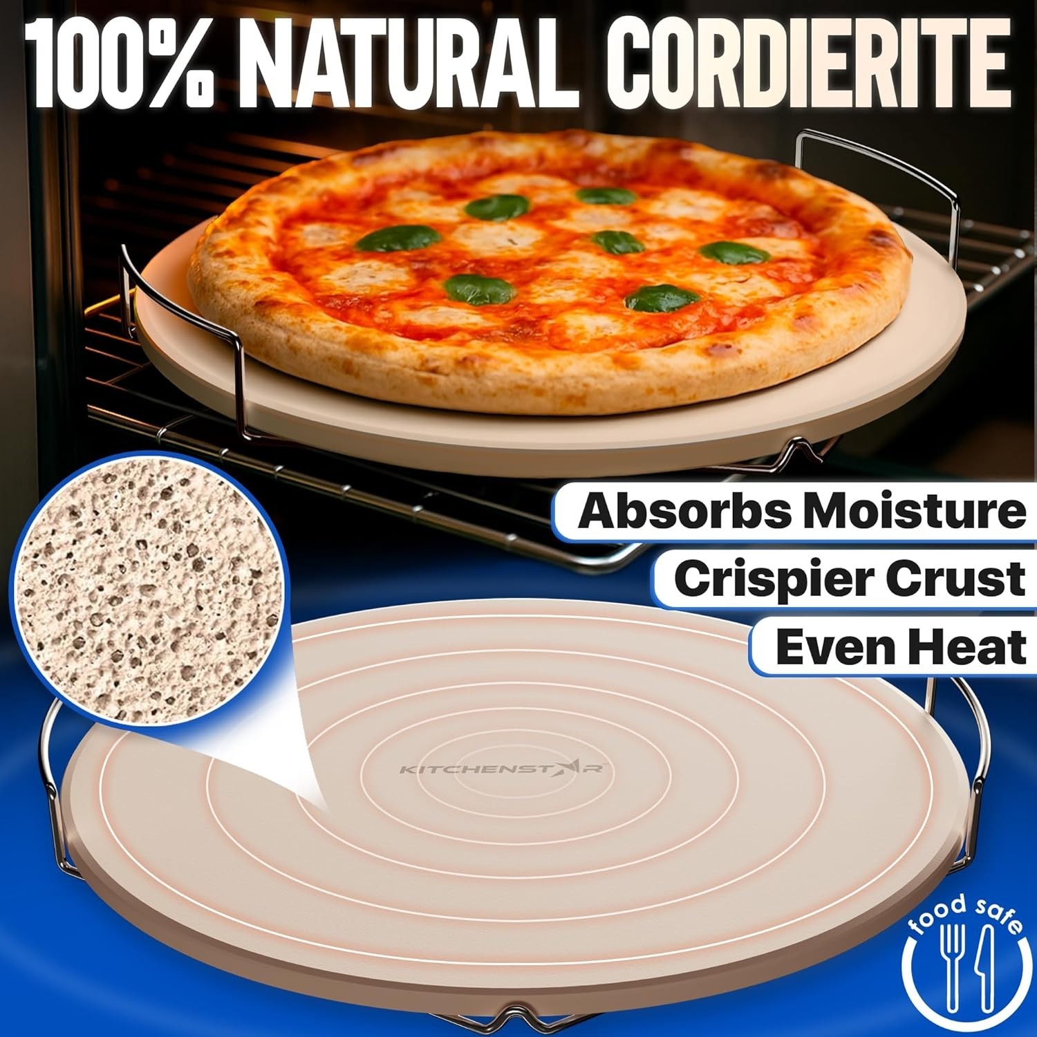 16-Inch Pizza Stone for Oven and BBQ Grill with Handles, Round, 5/8" Thick – Nat