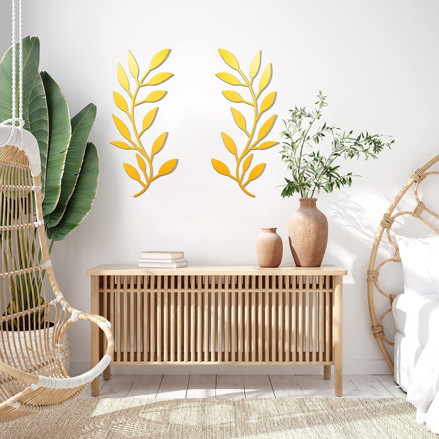 Contemporary Gold Olive Branch Wall Art – 2 Pieces for Living Room Elegance