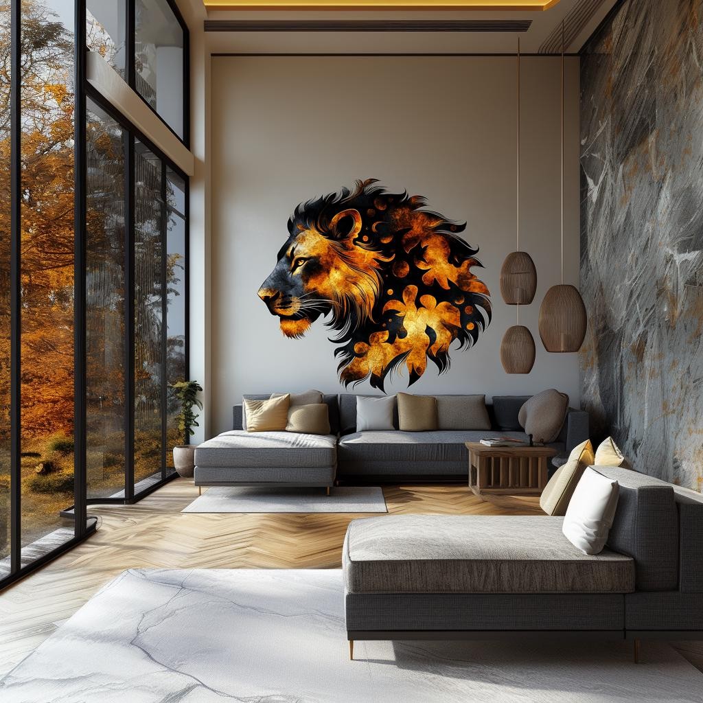Abstract Lion Wall Decal | Fiery 3D Lion Mural Art | Bold Safari Animal Wall