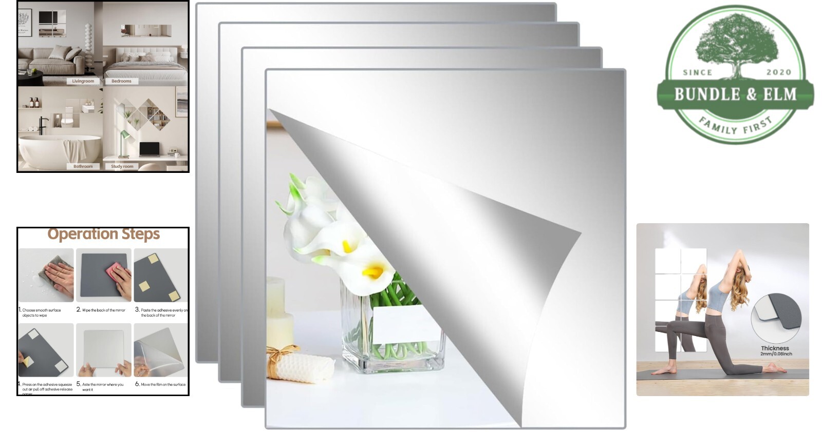 Self Adhesive Mirror Tiles 7.8×7.8in 4 Pack Modern Wall Decor for Bedrooms