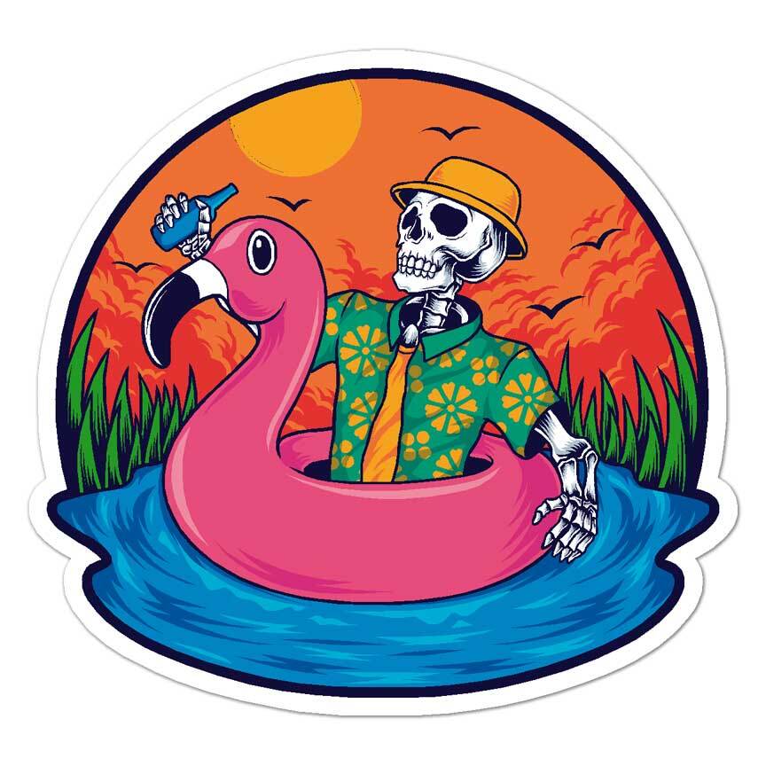 Skeleton Beach Flamingo, Vinyl Decal Sticker, Indoor Outdoor, 3 Sizes, #7876