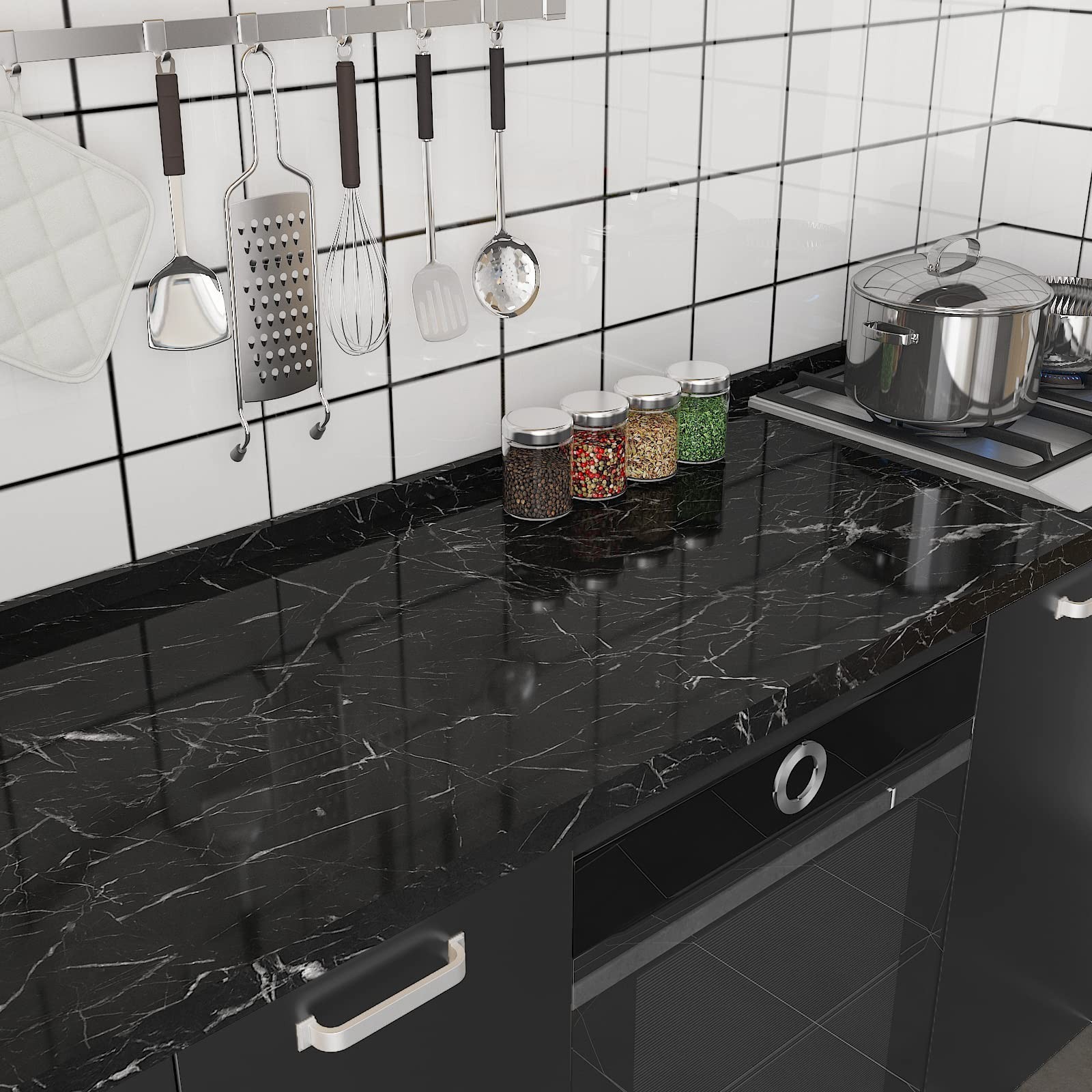 CRE8TIVE Glossy Black Marble Contact Paper Peel and Stick Black Marble Wallpa…