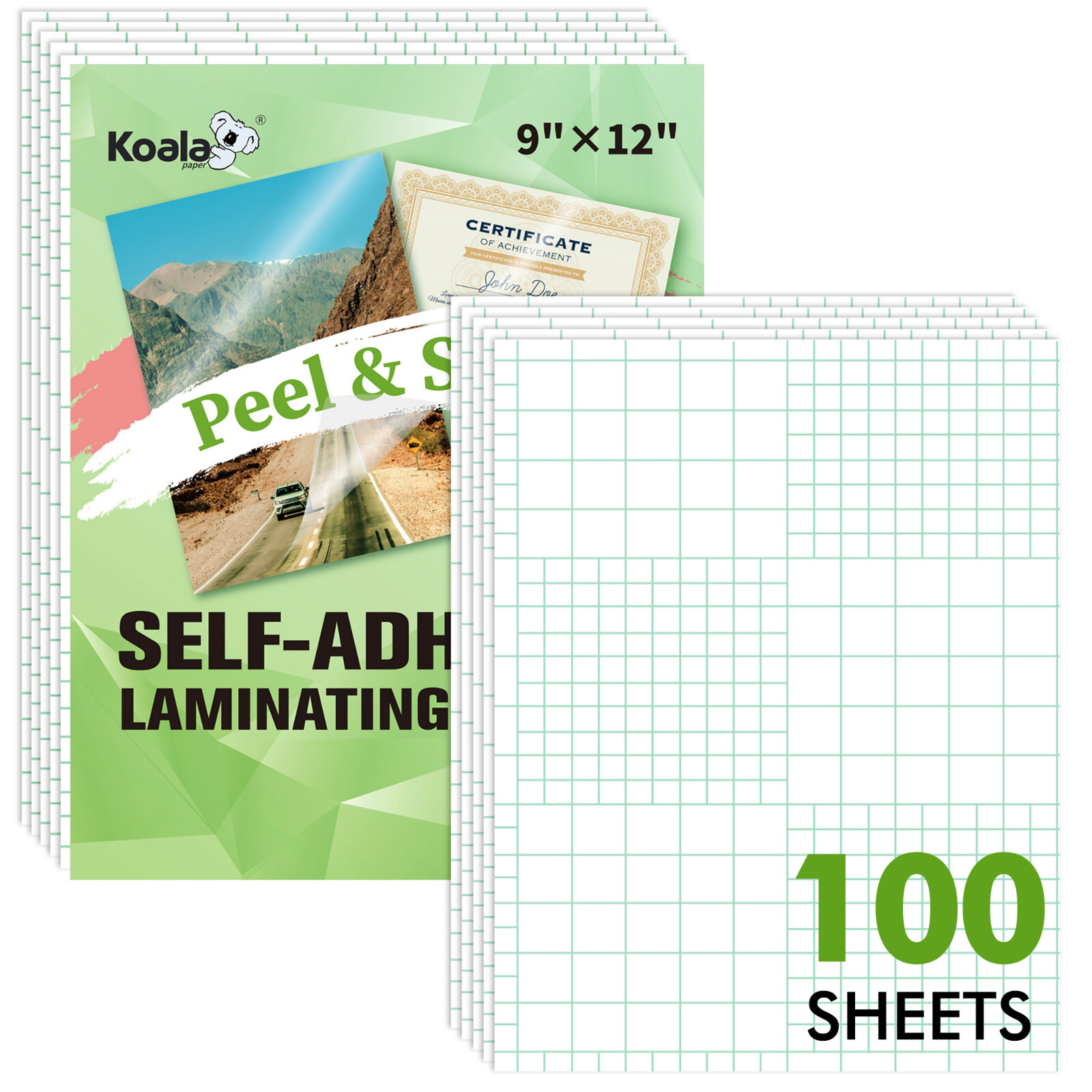 100 Koala Self-Adhesive Laminating Sheet 9×12 Clear Peel n Stick No Machine Need