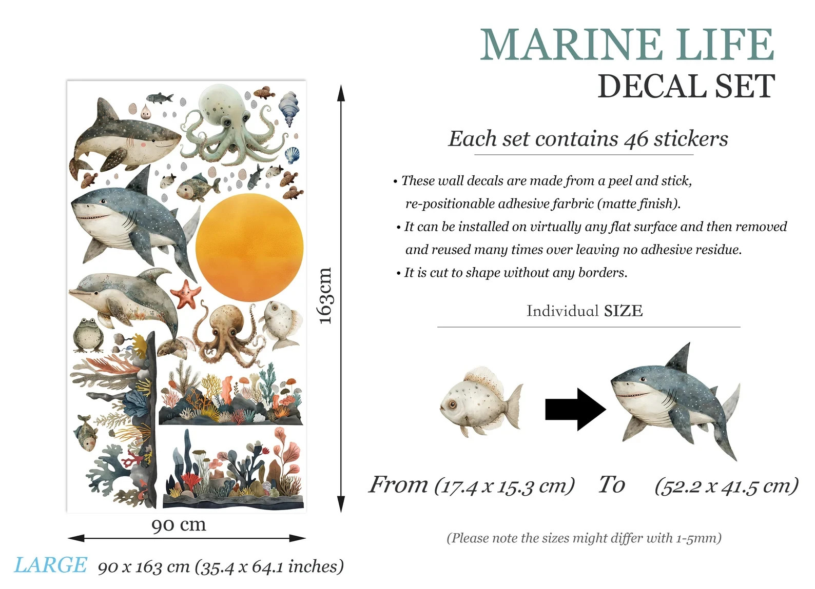 Removable Ocean Animals Stickers for Kids Room, Whale, Shark, Dolphin-Br469
