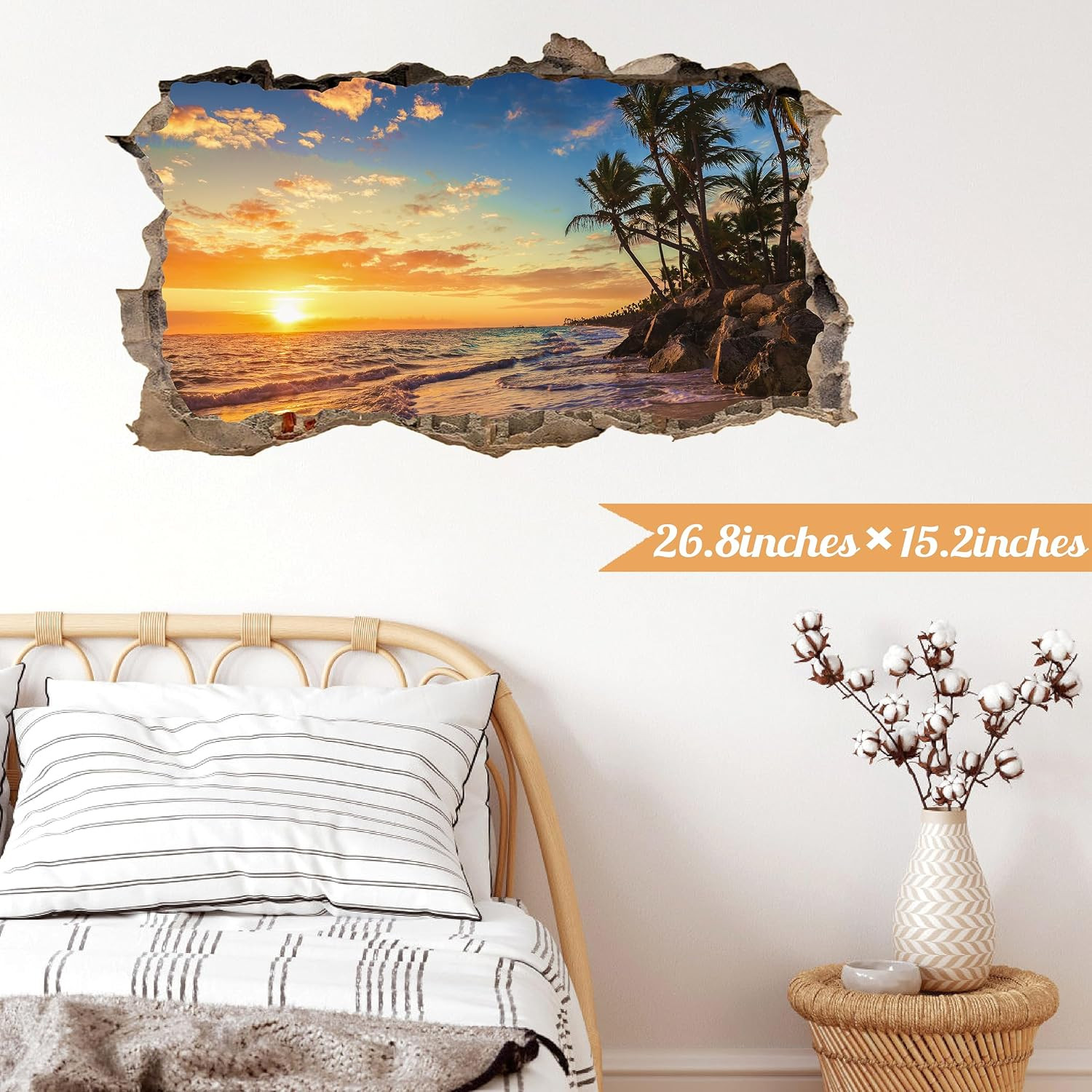 3D Sunset Beach Wall Decals, Peel and Stick Art Murals, Palm Tree Stickers