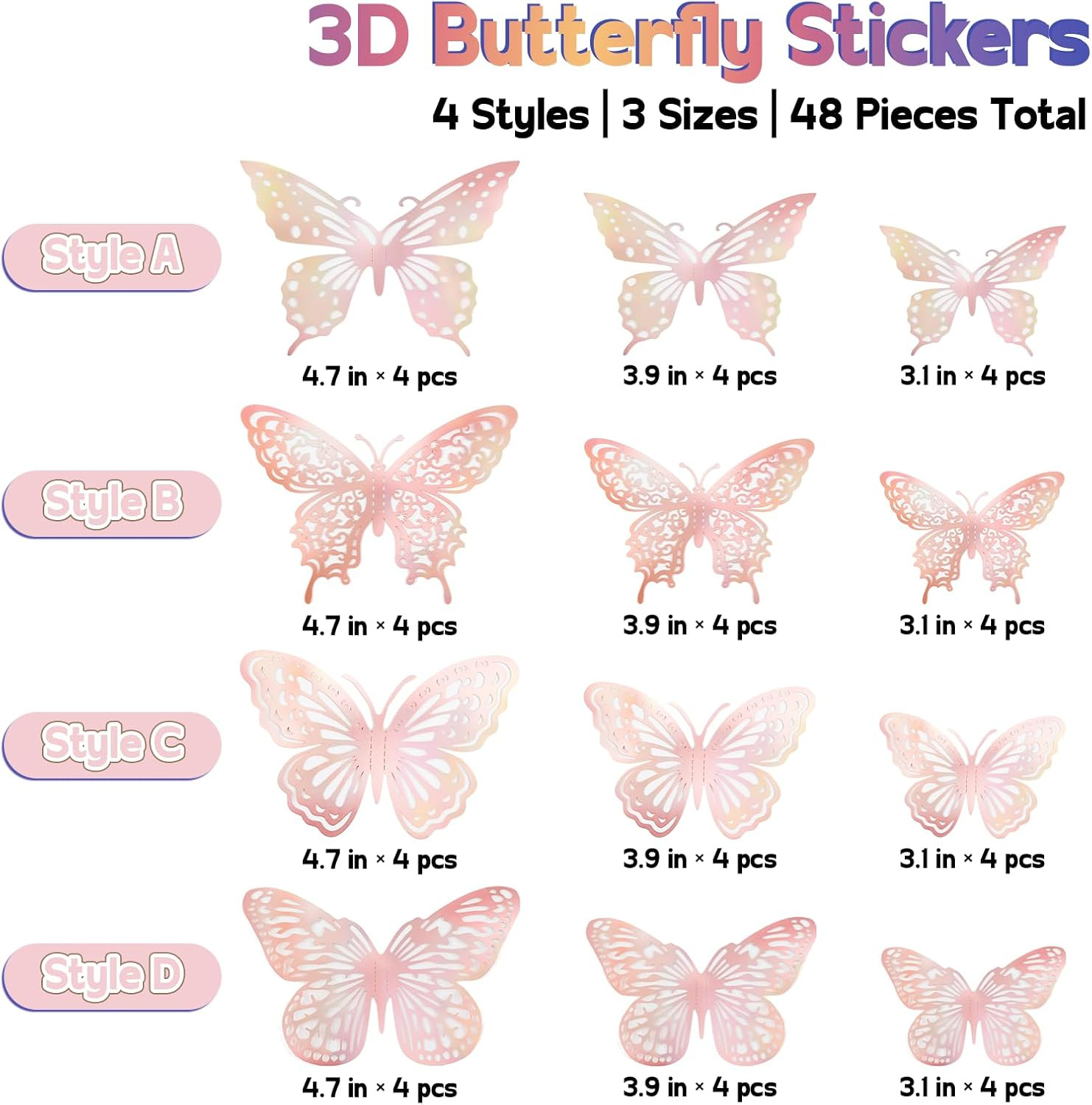 Butterfly Wall Decor, 48Pcs 3D Butterfly Stickers in 3 Sizes & 4 Styles for Ball