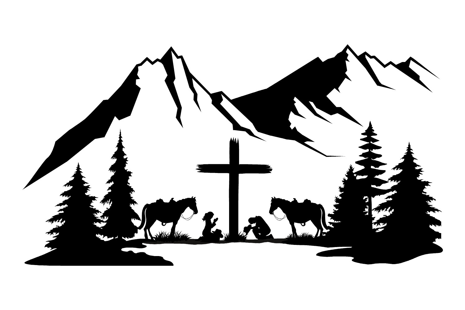 Cowboy Cowgirl Praying Kneeling Scene Cross Decal Window Bumper Sticker 2 Sizes