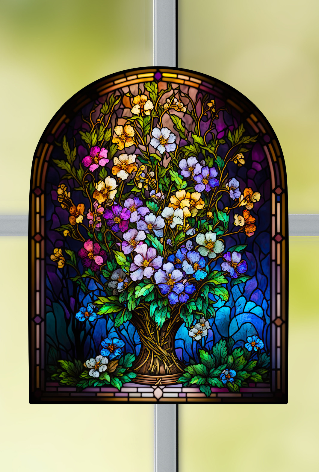 Primroses Faux Stained-Glass WINDOW CLING Size 10.3" Arch Shape ~ Vinyl