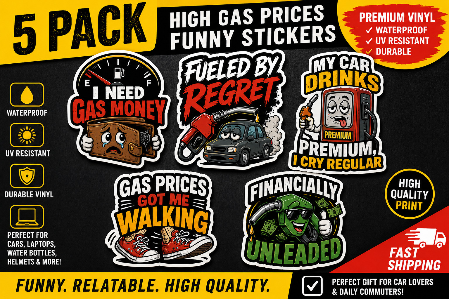 5 Pack -Funny Gas Price Stickers Vinyl Decals Car Laptop Water Bottle Waterproof