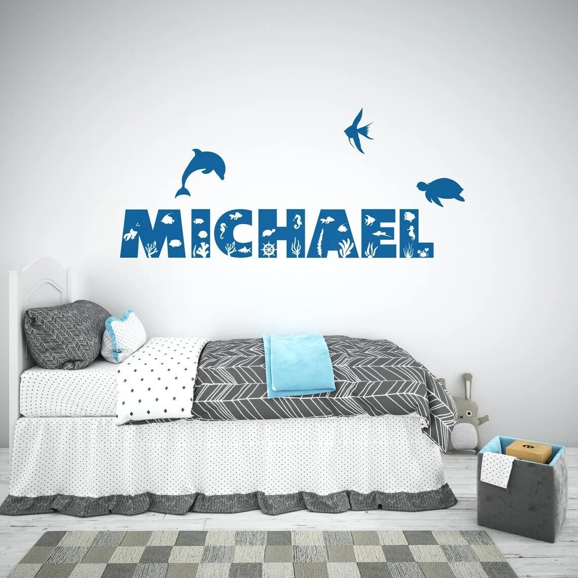 Custom Ocean Name Wall Decal, Ocean Theme Bedroom, Nursery Bedroom Decor,
