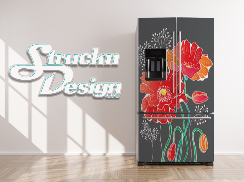 Red Flowers Design Green Blue DIm Fridge Freezer Wrap Side Door Vinyl Decal
