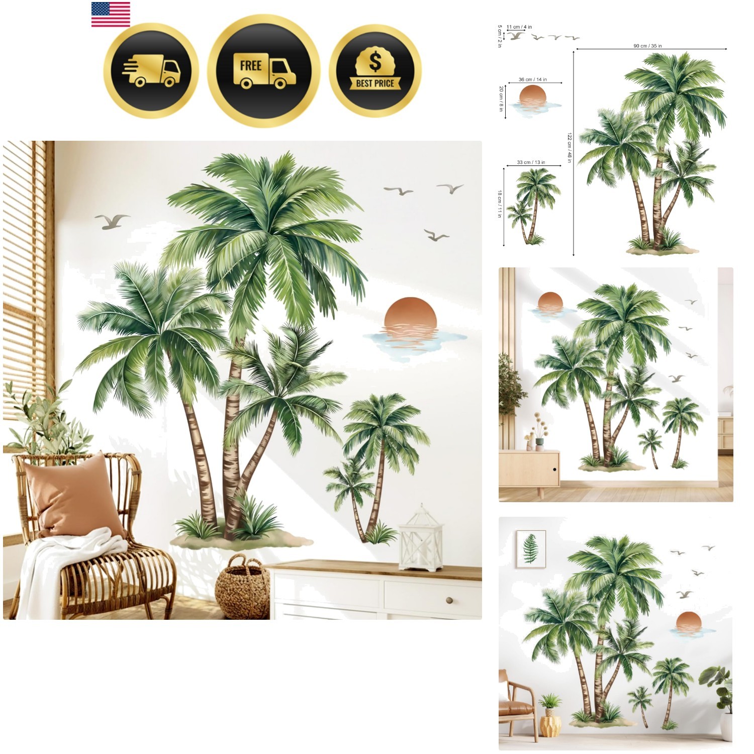 Large Palm Tree Wall Stickers Tropical Plants Coconut Tree Peel and Stick Wal…