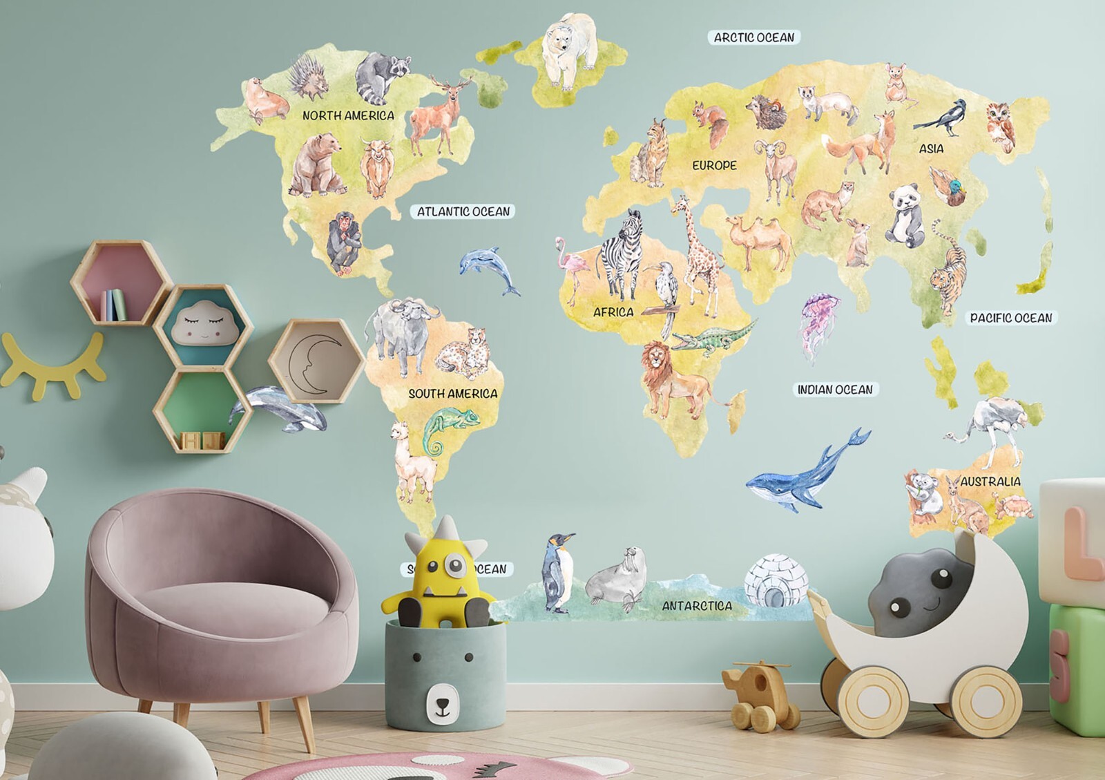 Map Wall Decal with World Representative Animals Removable Fabric Wall Sticker