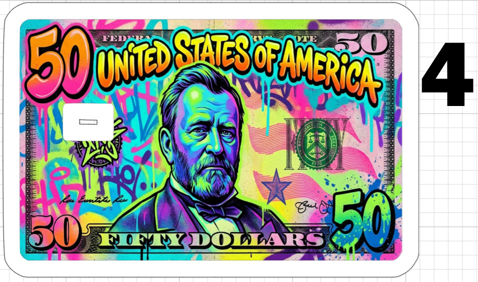 50 Dollar Bill Credit Debit ATM Gift Card Skin Sticker Graffiti Art Neon Trippy