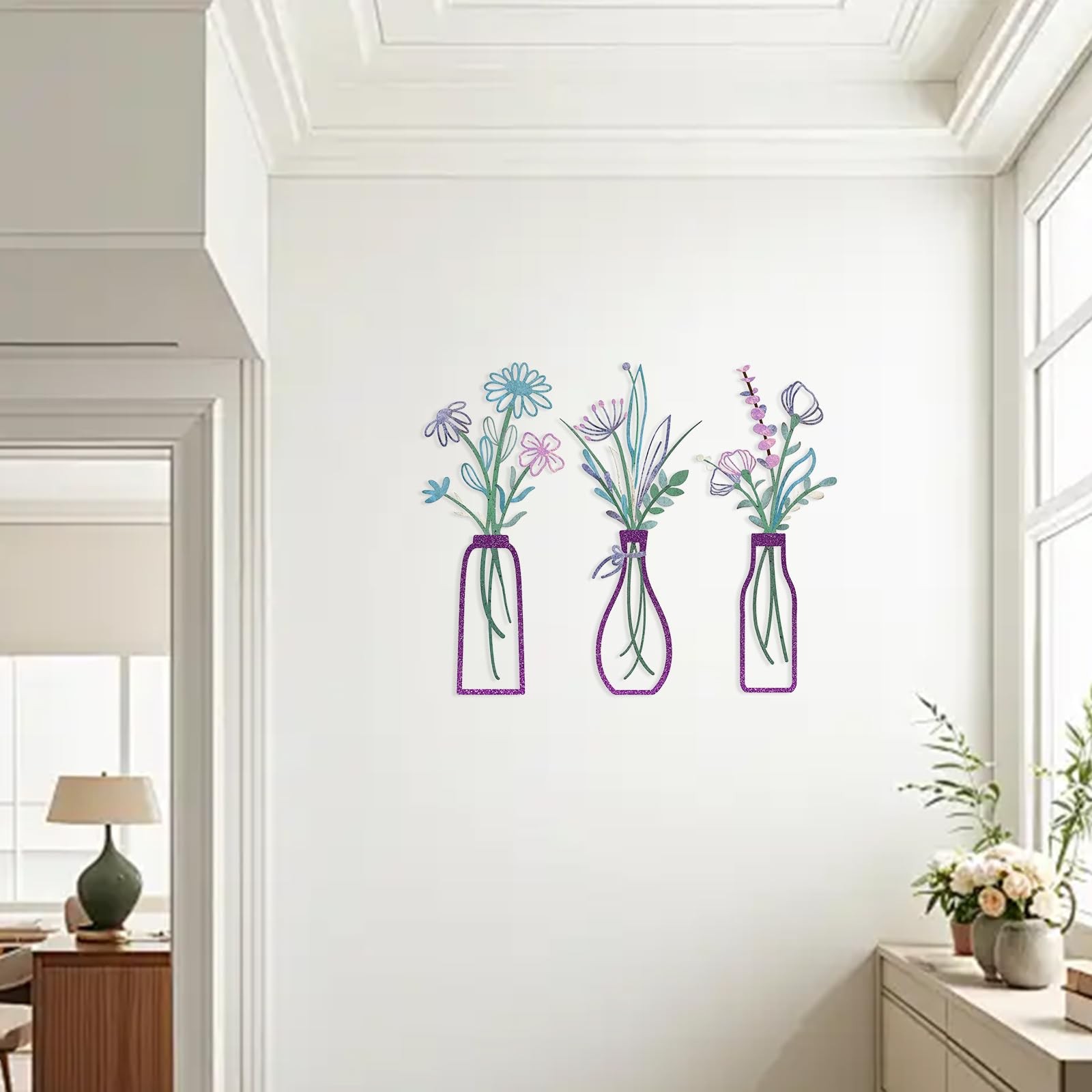 3 PCS Metal Flower Wall Art, 5.1 X 2.1 Inch Iron Vase Wall Decor, Wall Decals…