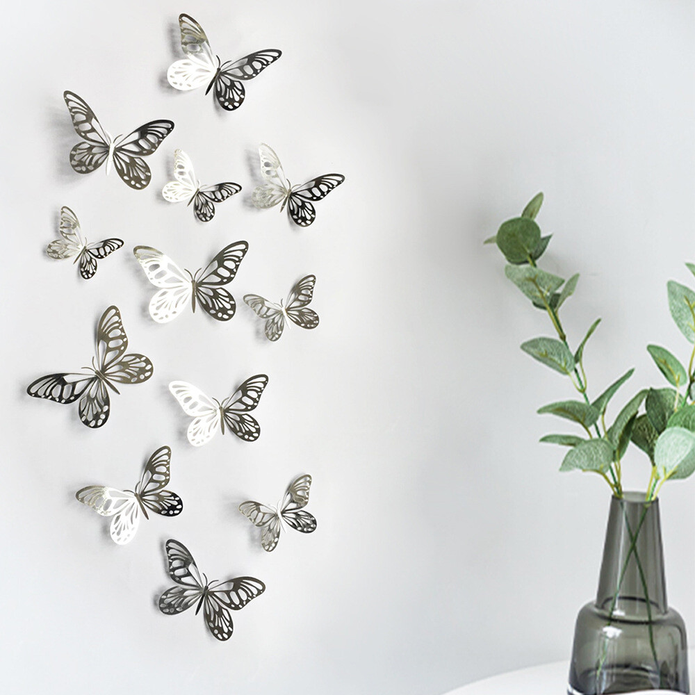 12 pcs 3d cute rose, silver, and gold butterfly wall decor, party, wedding, diy