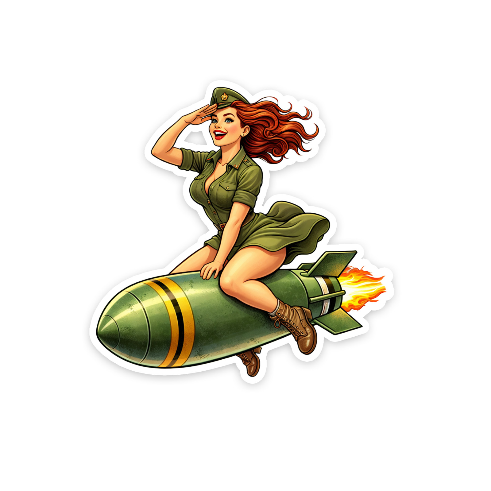 WWII PinUp Girl Sticker 4 Inch Vinyl Decal Riding the Bomb USA Green