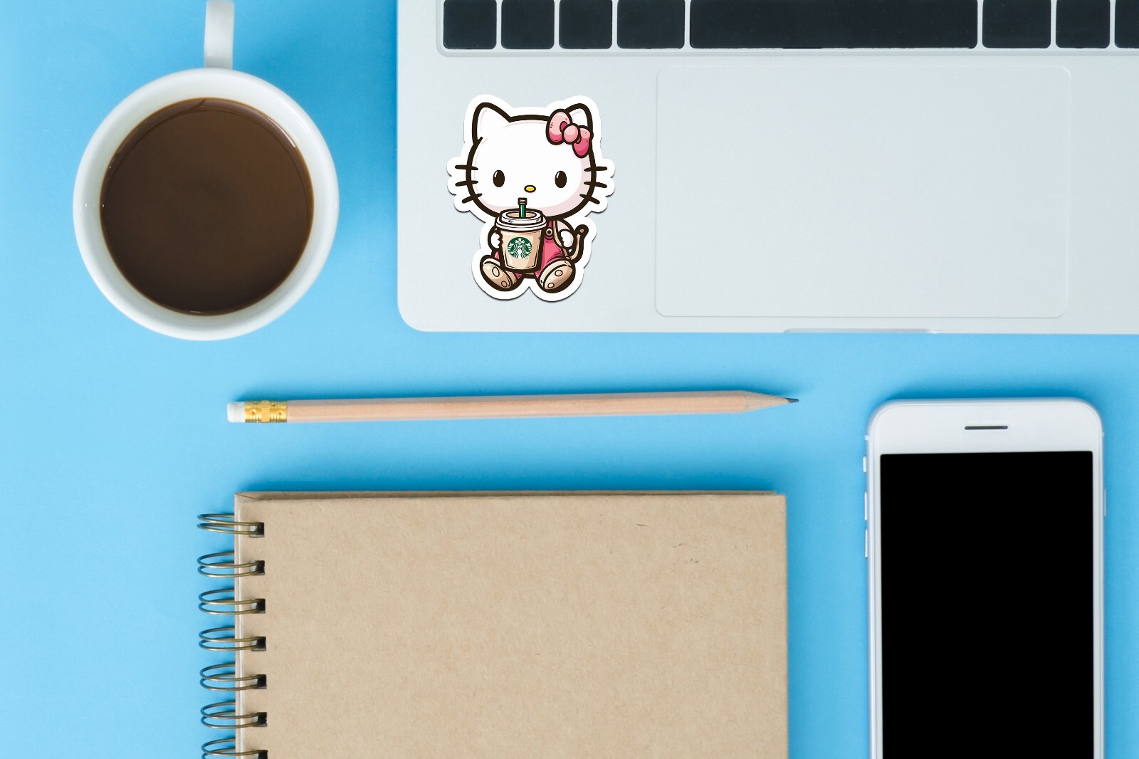 Kitty with Starbucks Sticker, Cute, Waterproof, Laptop, Water Bottle, Die Cut
