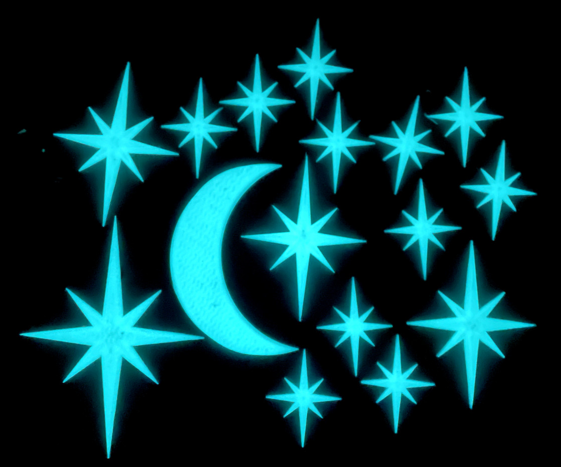 Glow-in-the-Dark Moon & Stars, Wall Art. Blue/Green Color 3D PLA Plastic