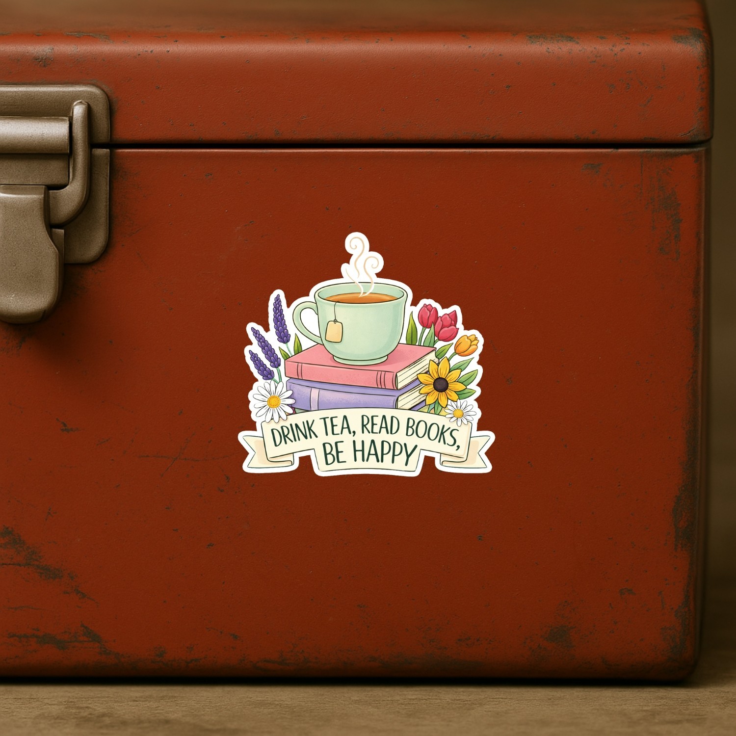 4PCS Drink Tea Read Books Be Happy Cozy Reading Vinyl Decal Stickers