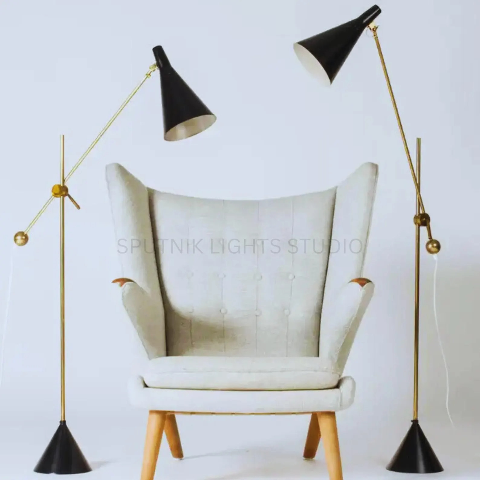 Handcrafted Mid-Century Brass Floor Lamp | Adjustable Black Cone Shade, Minimali