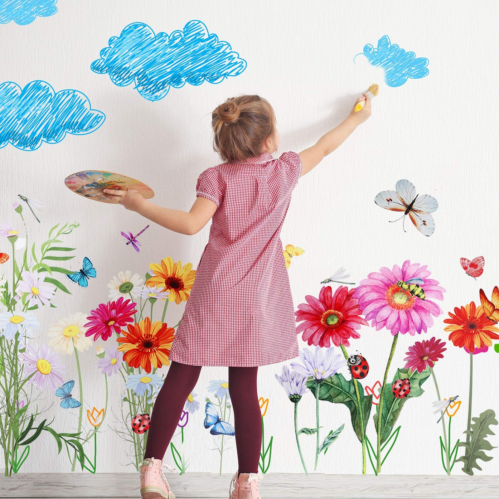 Zonon 64 Pcs Flowers and Butterflies Wall Decals, Wildflower Colorful