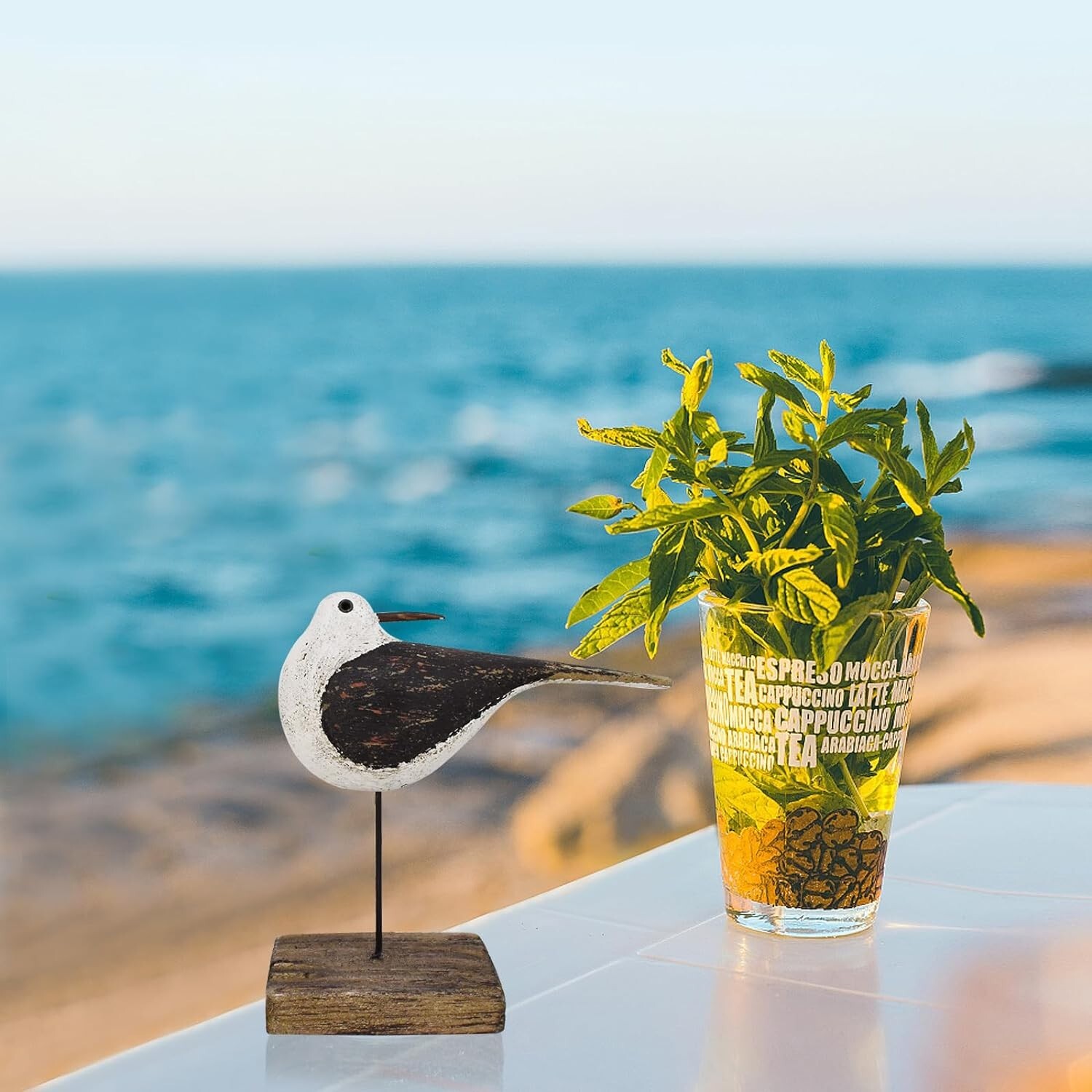 Wooden Sea Bird Statue Seagull On Stand Decor Nautical Coastal Birds Sculpture