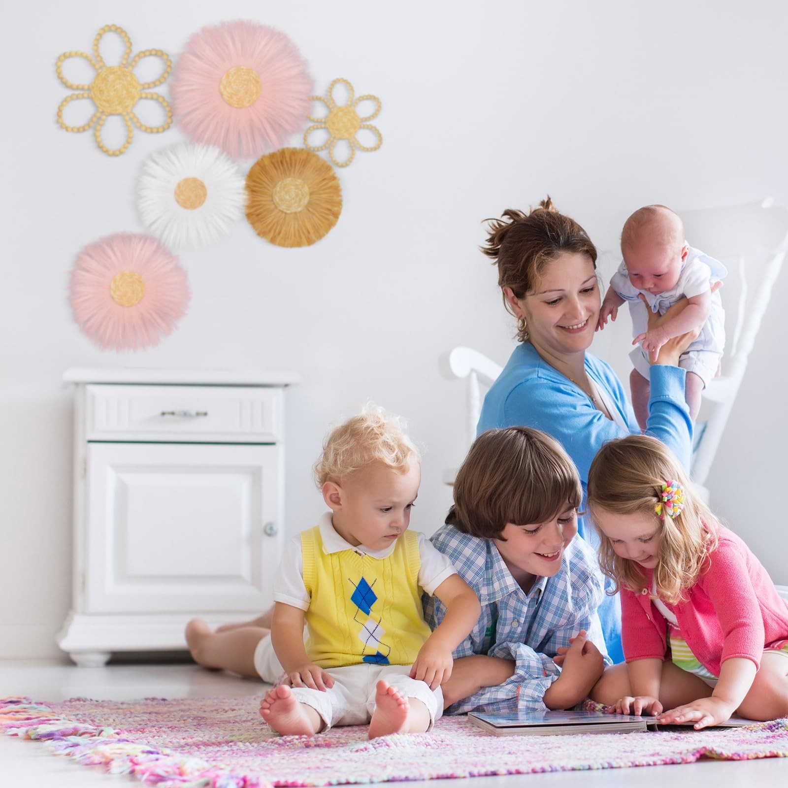 Soaoo 6 Pcs Boho Nursery Decor for Girl Daisy Flower Woven Macrame Wall Hangi…