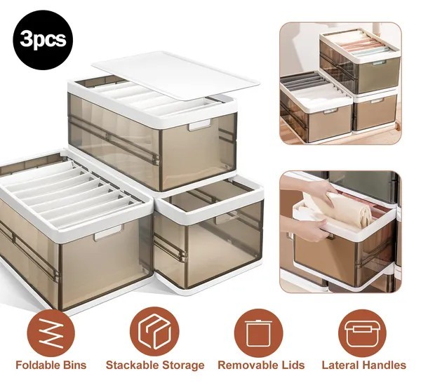 3 Pack Foldable Storage Bin with Lid Stackable Plastic Closet Organizer