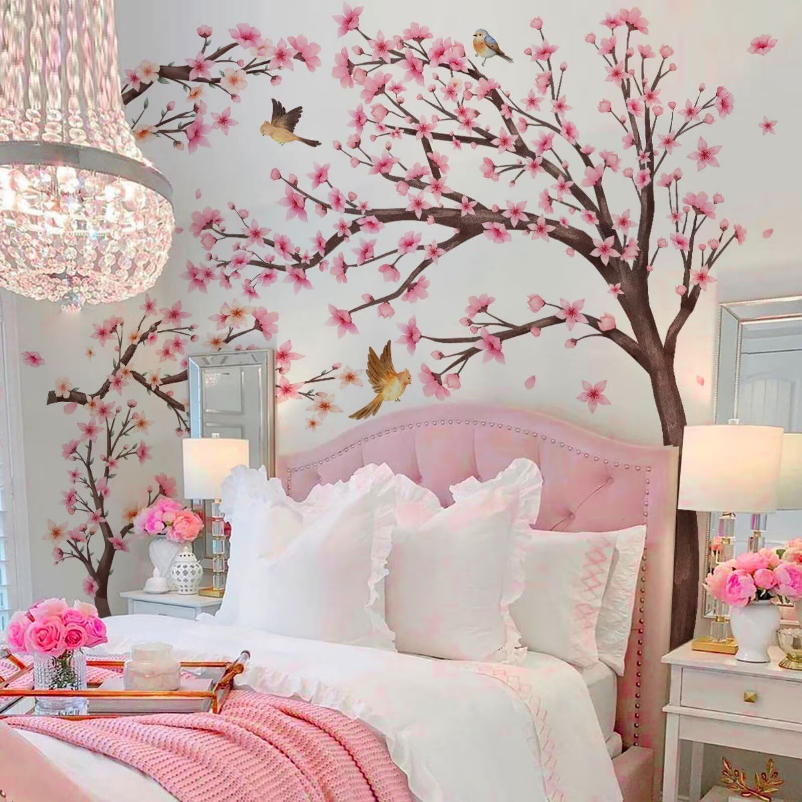Large Cherry Blossom Tree Floral Wall Stickers Pink Flower Tree Branch Birds …