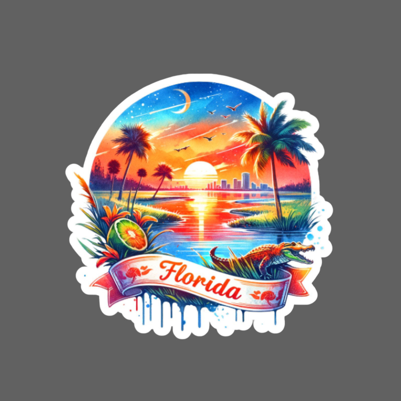 Florida Sunset Sticker Vinyl Decal Tropical Coastline Alligator Scenic Art