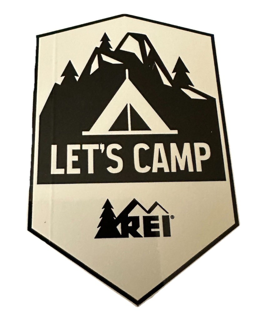 Official REI Let’s Camp Sticker Decal – Tent Trees Camping Outdoor – CHOOSE 3.5”