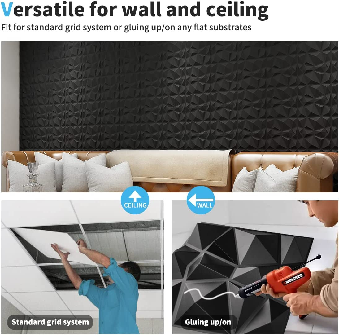 Decorative 3D Wall Panels in Diamond Design, 12"X12" Matt Black for Home and Off