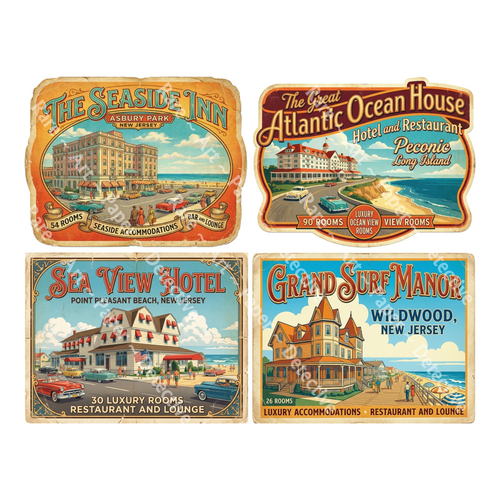 Vintage Nostalgic Hotel Luggage Stickers, 4 Retro Labels on 1 Cut & Peel Sheet