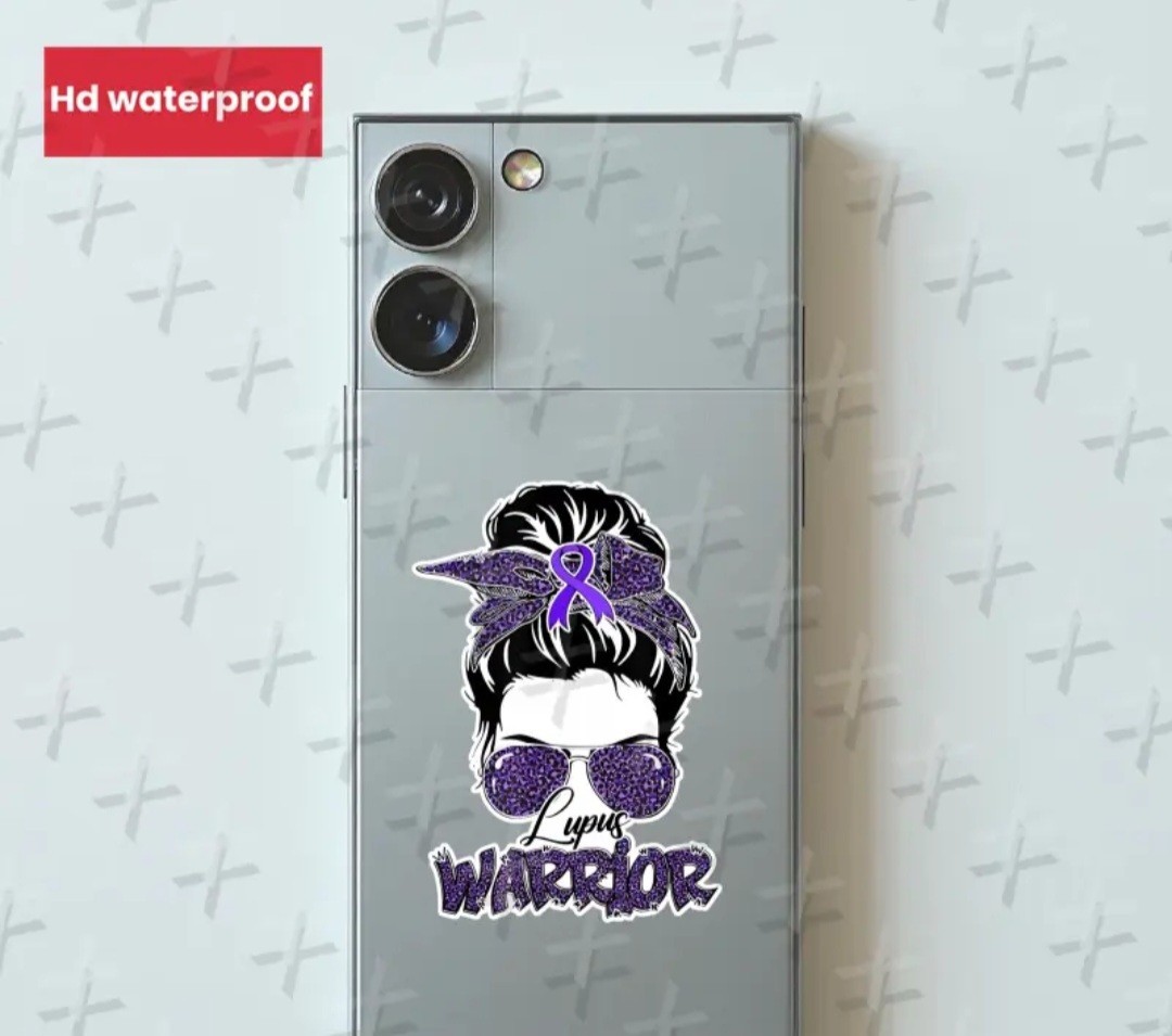 Small Messy Bun Lupus Warrior Purple Ribbon Sticker Free Shipping 3×3 In