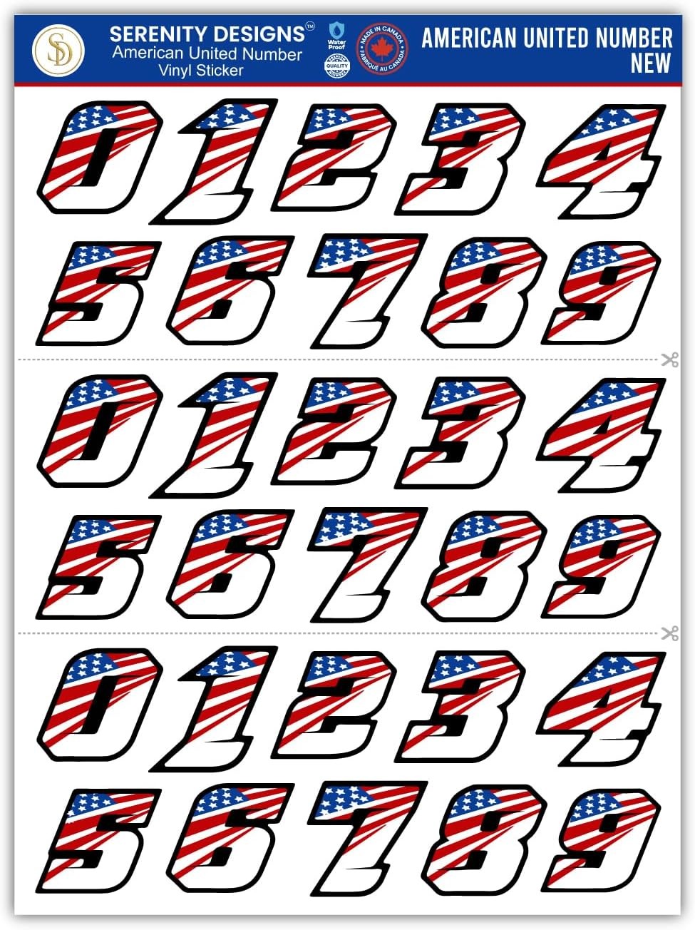 Patriotic American Flag Number Stickers for Helmets, Blue, Red, Black, White
