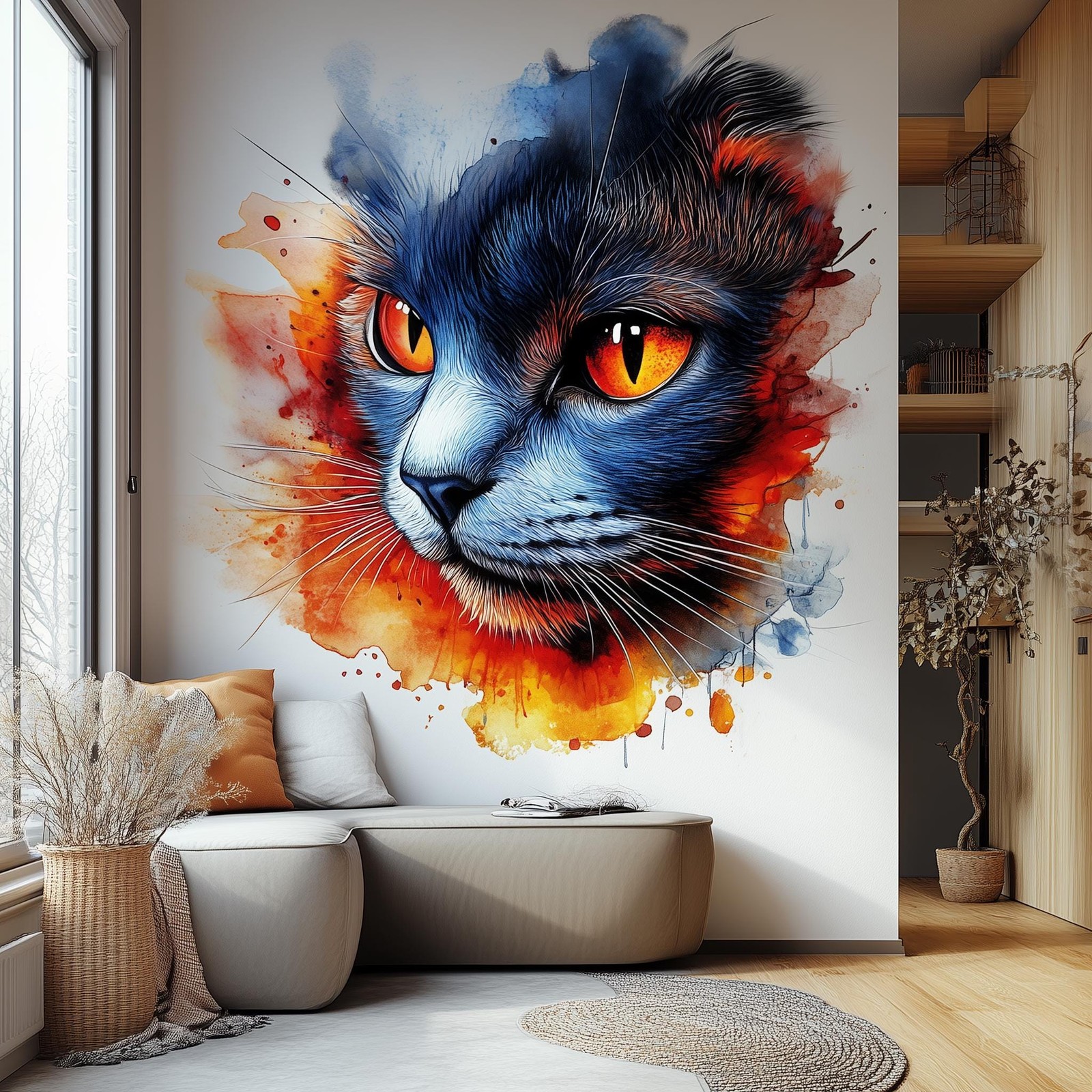 Colorful Cat Wall Decal | Watercolor Style Vinyl Sticker