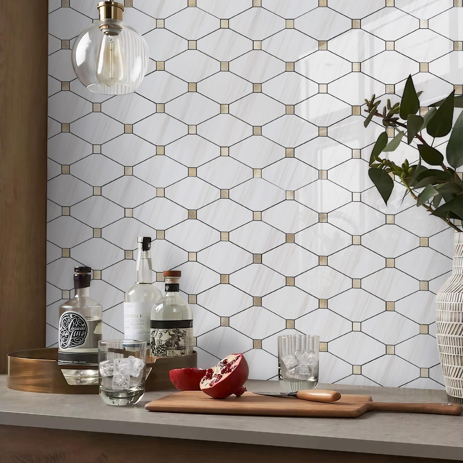 10 Sheets Peel and Stick Backsplash, Polished Dolomite PVC Mixed Metal Gold K…