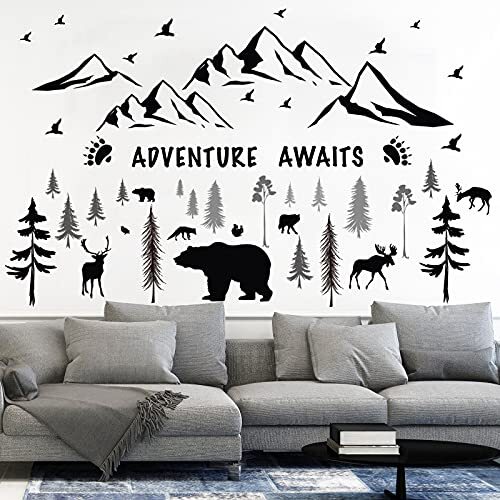 4 Sheets Mountain Wall Decal Rustic Nursery 11.8×9.5 Inch (Pack of 4) Black