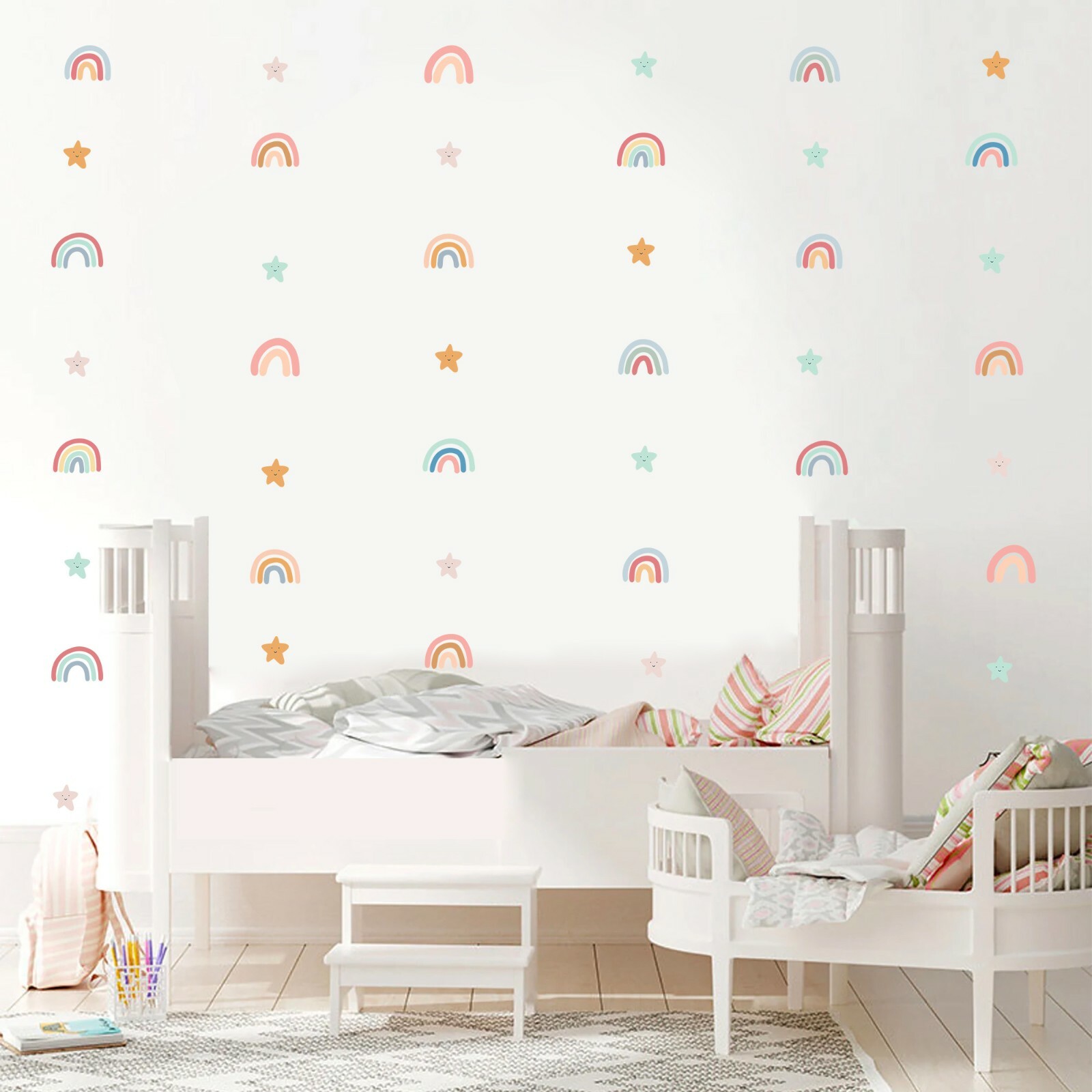 Rainbow Stars over Bed Removable Wall Fabric Decal Set Sticker Baby Gift Decor