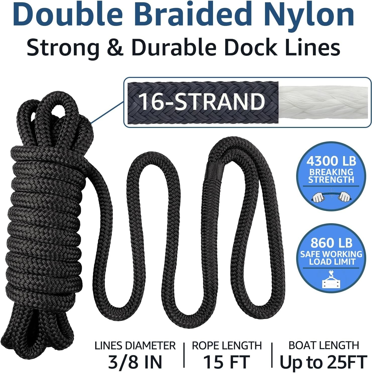 2 Pack 3/8" x 15' Dock Lines – Marine Grade Nylon Boat Rope with 12" Loop for…