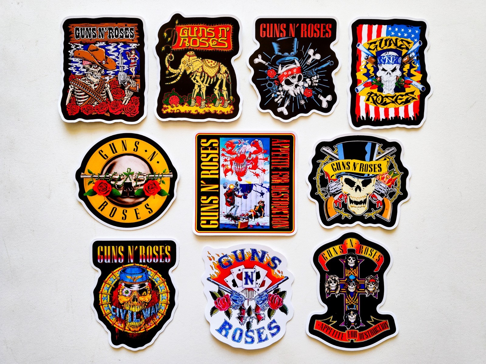 Classic Rock Band Vinyl Sticker Lot (10 Stickers) guns hair metal n glam roses