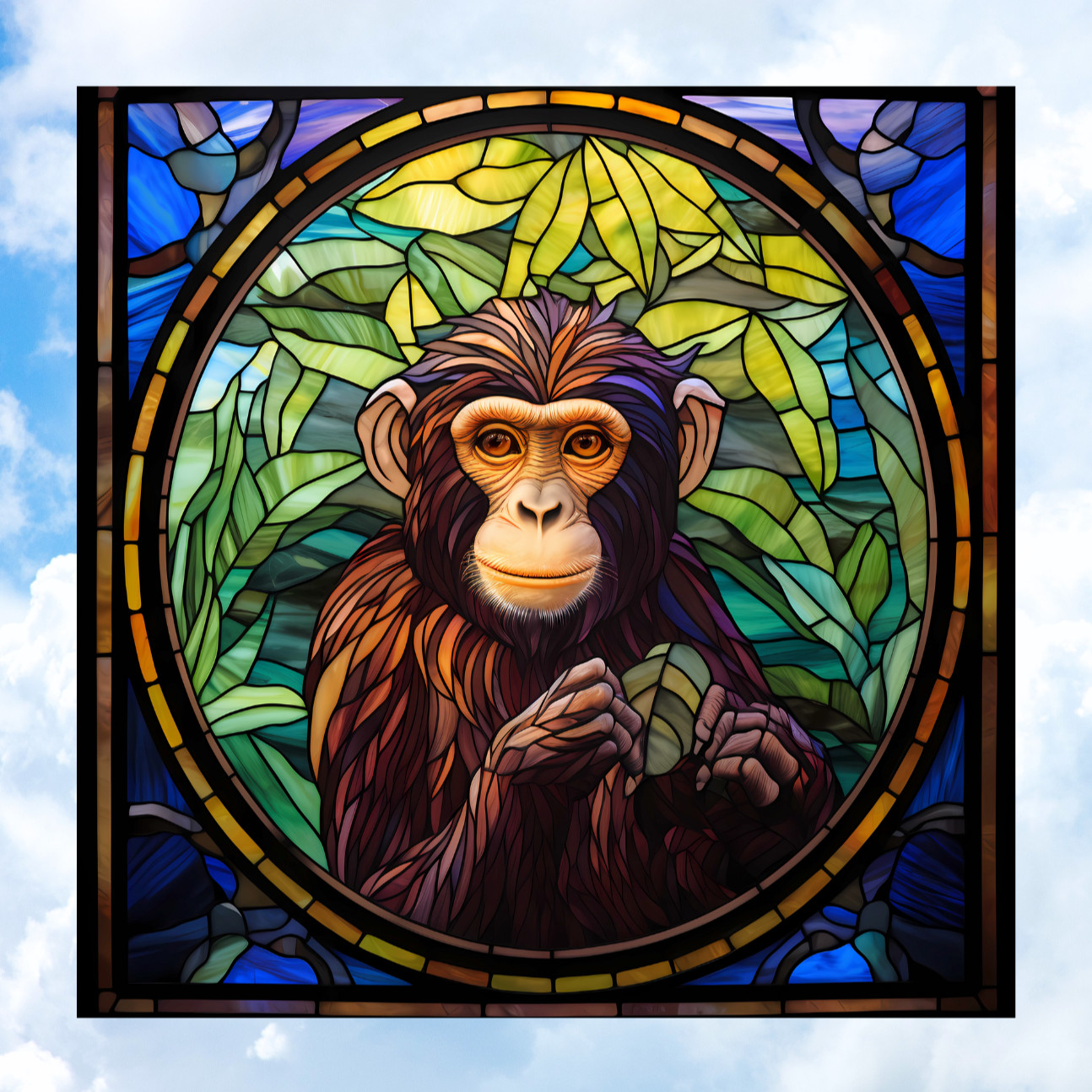 Monkey Faux Stained-Glass WINDOW CLING Size 8" Square Vinyl