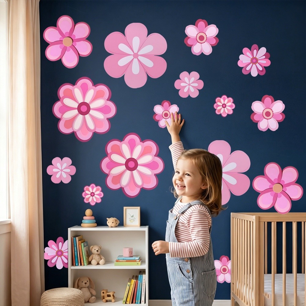 Pink Flower Wall Stickers 16pcs Waterproof Vinyl Decals for Nursery Bedroom